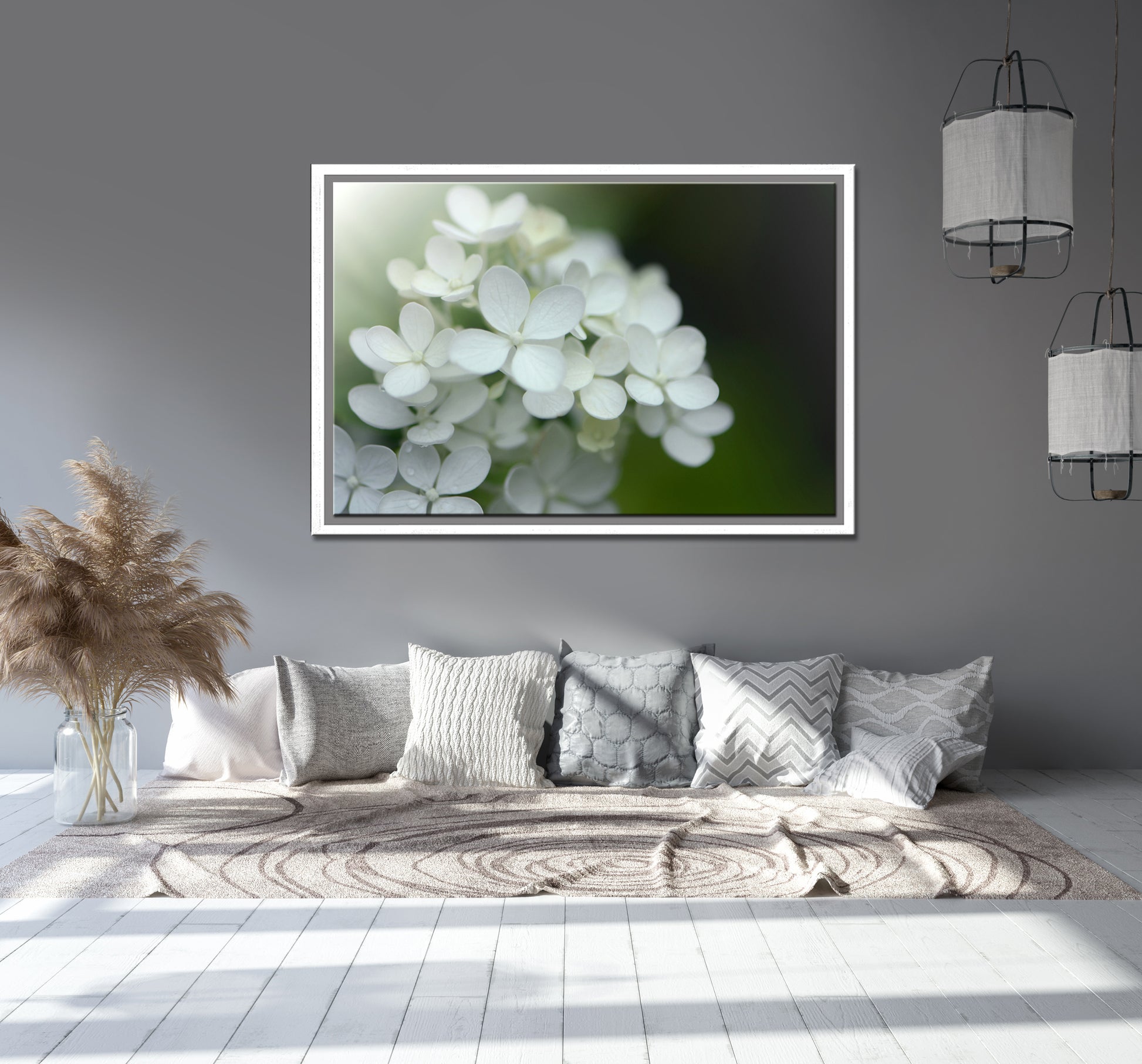 Beautiful White Hydrangea flower in the morning light. Framed canvas wall art by Kristen Olivares.