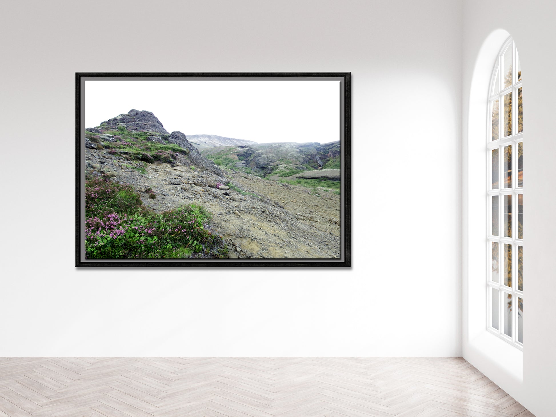 Icelands rough, rugged landscape with delicate pink flowers growing along side the rocky land. Framed fine art photography by Kristen Olivares. 