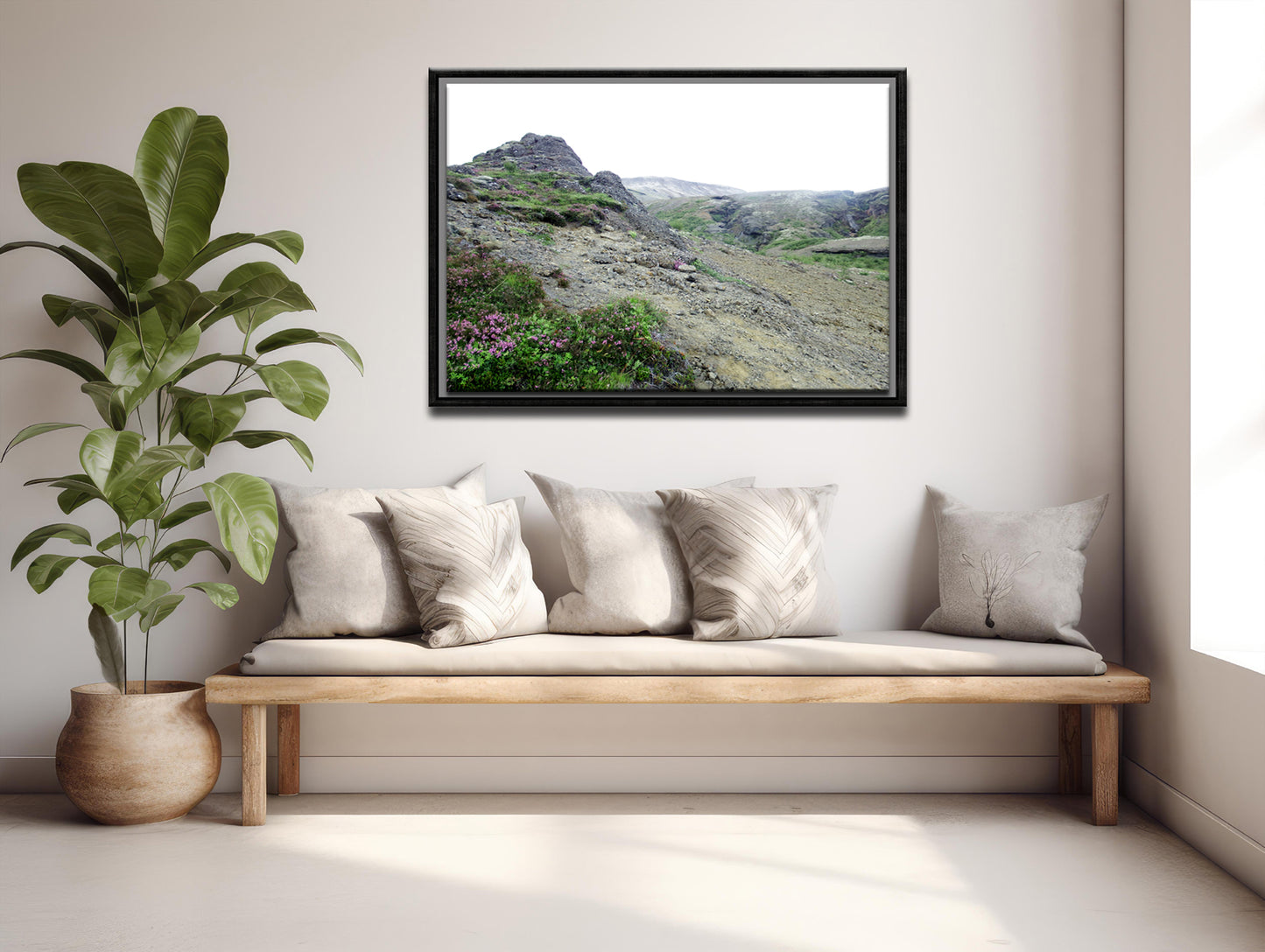 Icelands rough, rugged landscape with delicate pink flowers growing along side the rocky land. Framed fine art photography by Kristen Olivares. 