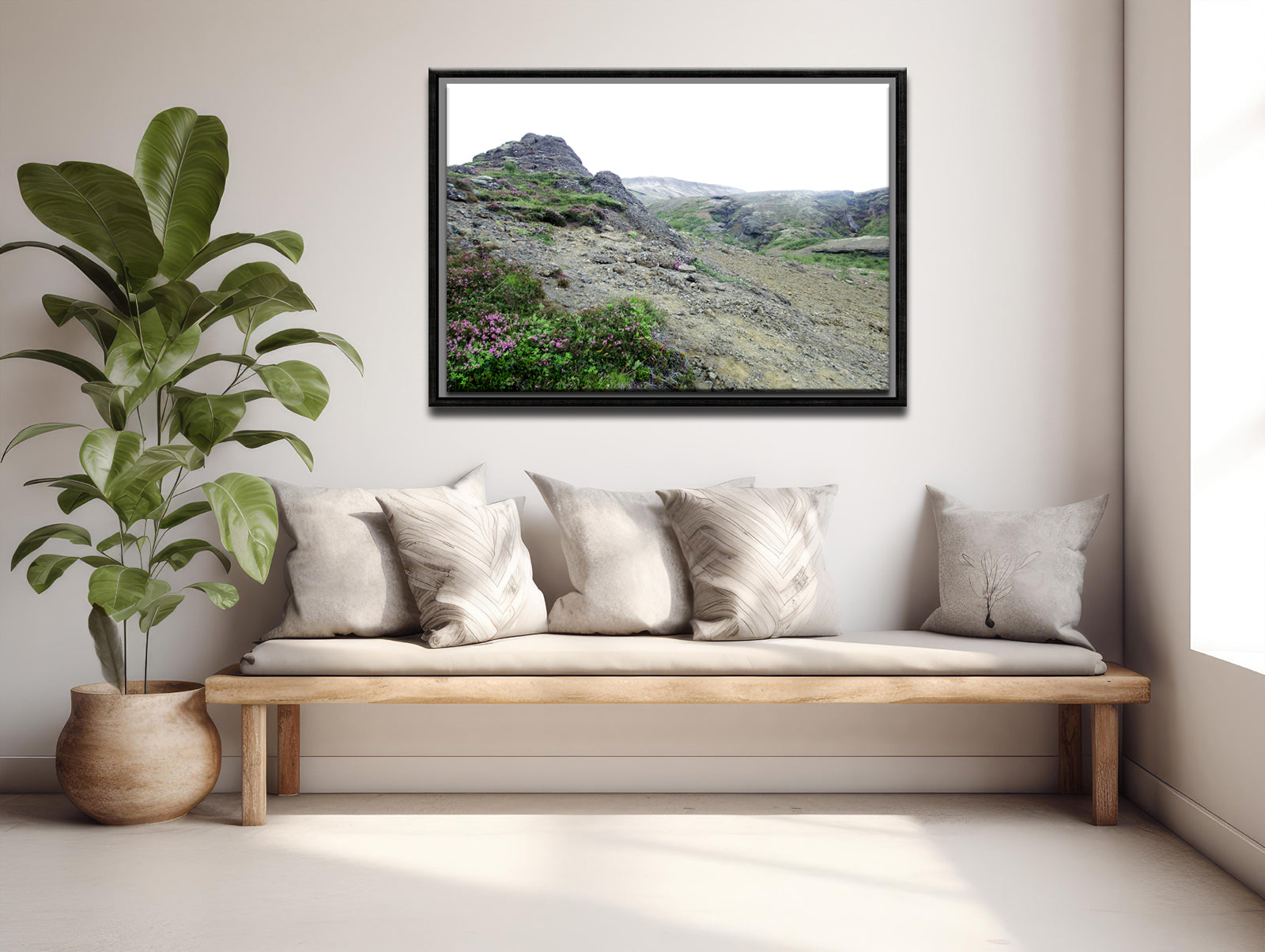 Icelands rough, rugged landscape with delicate pink flowers growing along side the rocky land. Framed fine art photography by Kristen Olivares. 