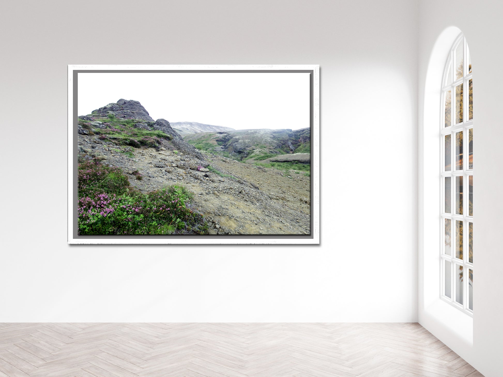 Icelands rough, rugged landscape with delicate pink flowers growing along side the rocky land. Framed fine art photography by Kristen Olivares. 