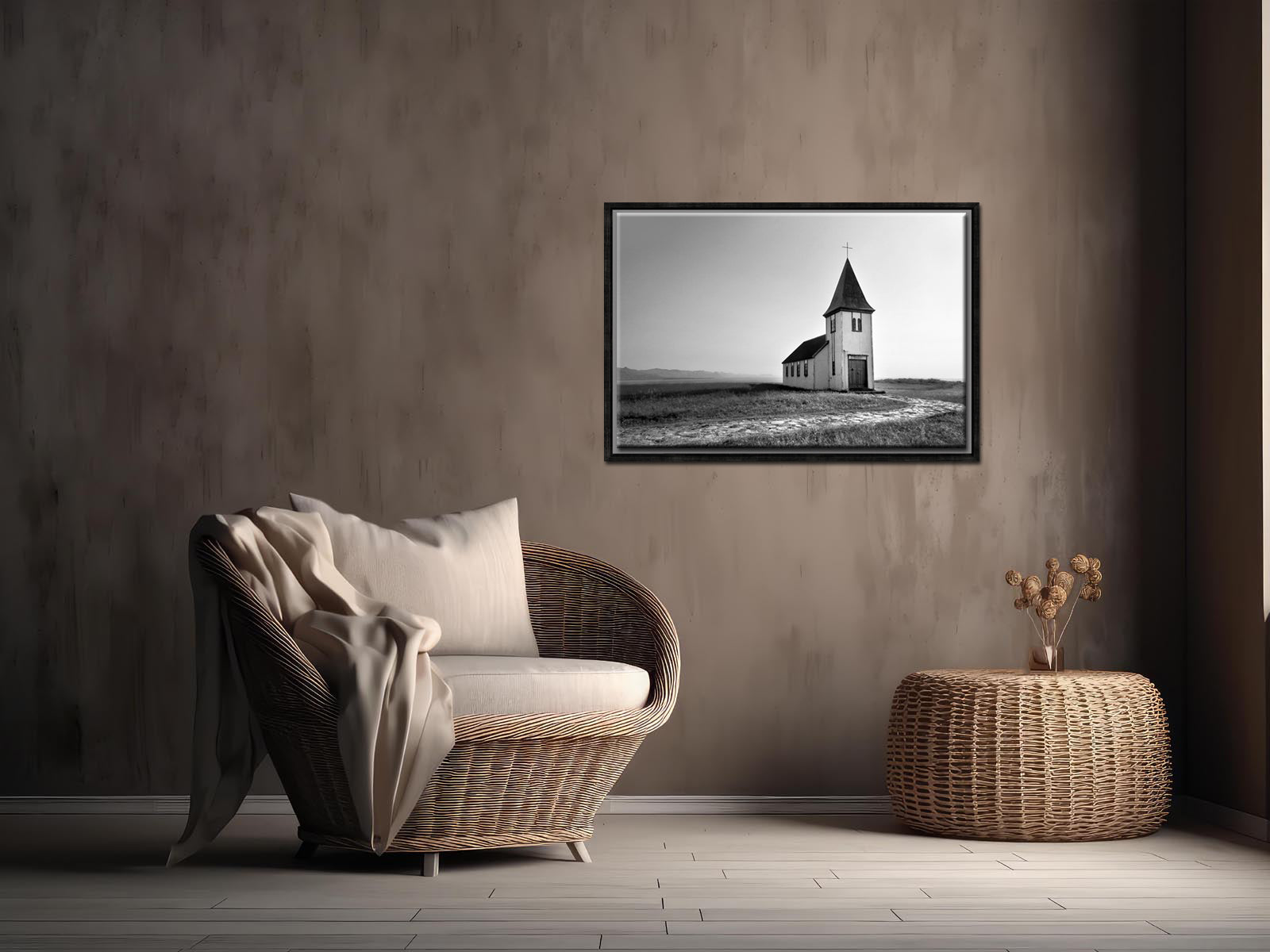 A beautiful church set out in a quiet setting in Iceland. Black and white photo. Framed canvas wall art by Kristen Oliavres
