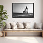 A beautiful church set out in a quiet setting in Iceland. Black and white photo. Framed canvas wall art by Kristen Oliavres