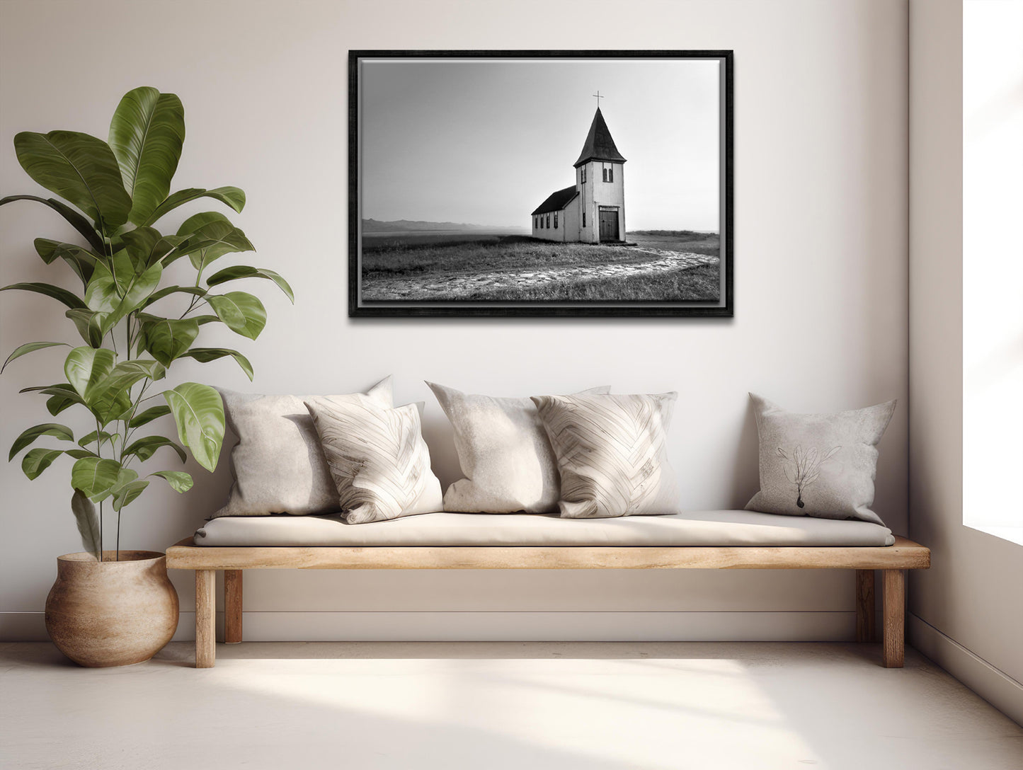 A beautiful church set out in a quiet setting in Iceland. Black and white photo. Framed canvas wall art by Kristen Oliavres