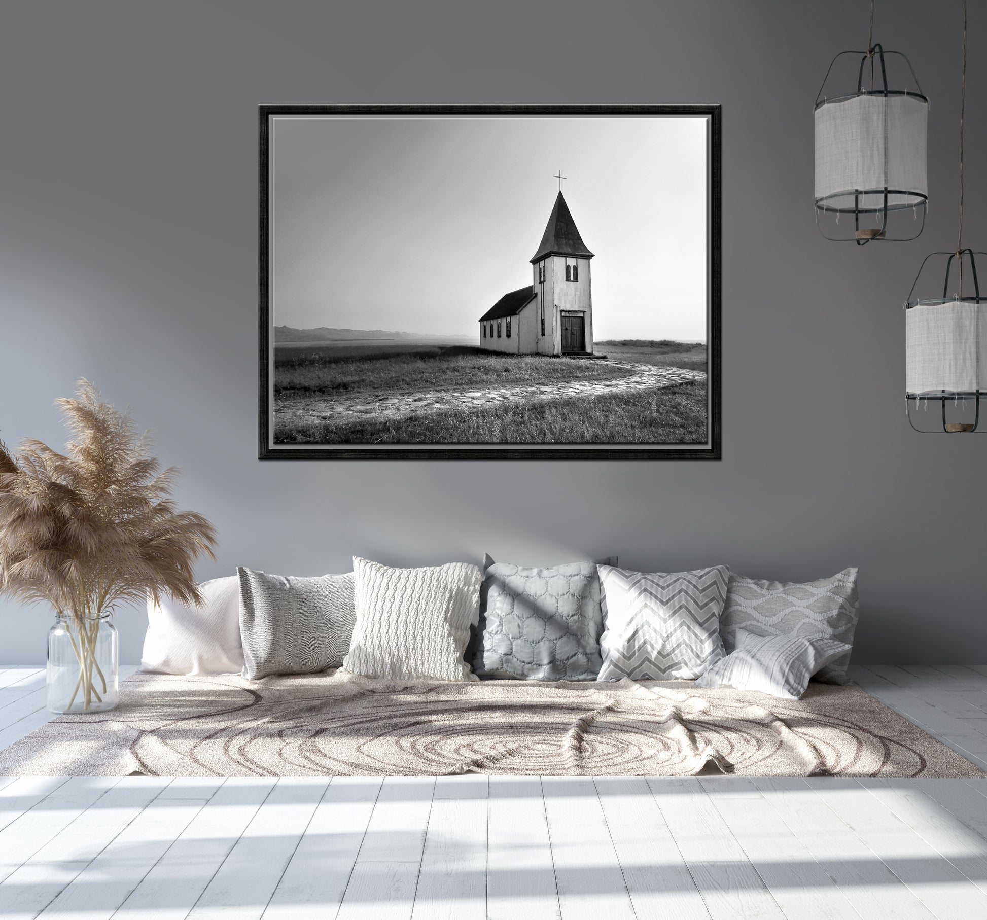 A beautiful church set out in a quiet setting in Iceland. Black and white photo. Framed canvas wall art by Kristen Oliavres
