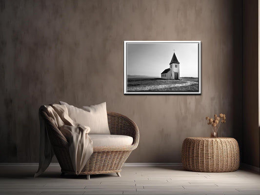 A beautiful church set out in a quiet setting in Iceland. Black and white photo. Framed canvas wall art by Kristen Oliavres