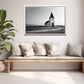 A beautiful church set out in a quiet setting in Iceland. Black and white photo. Framed canvas wall art by Kristen Oliavres