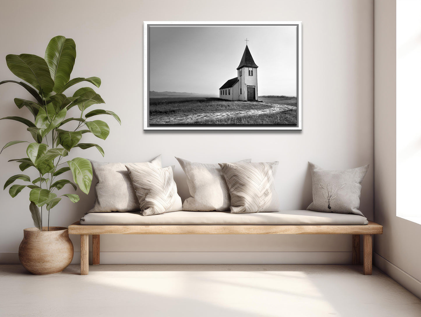 A beautiful church set out in a quiet setting in Iceland. Black and white photo. Framed canvas wall art by Kristen Oliavres