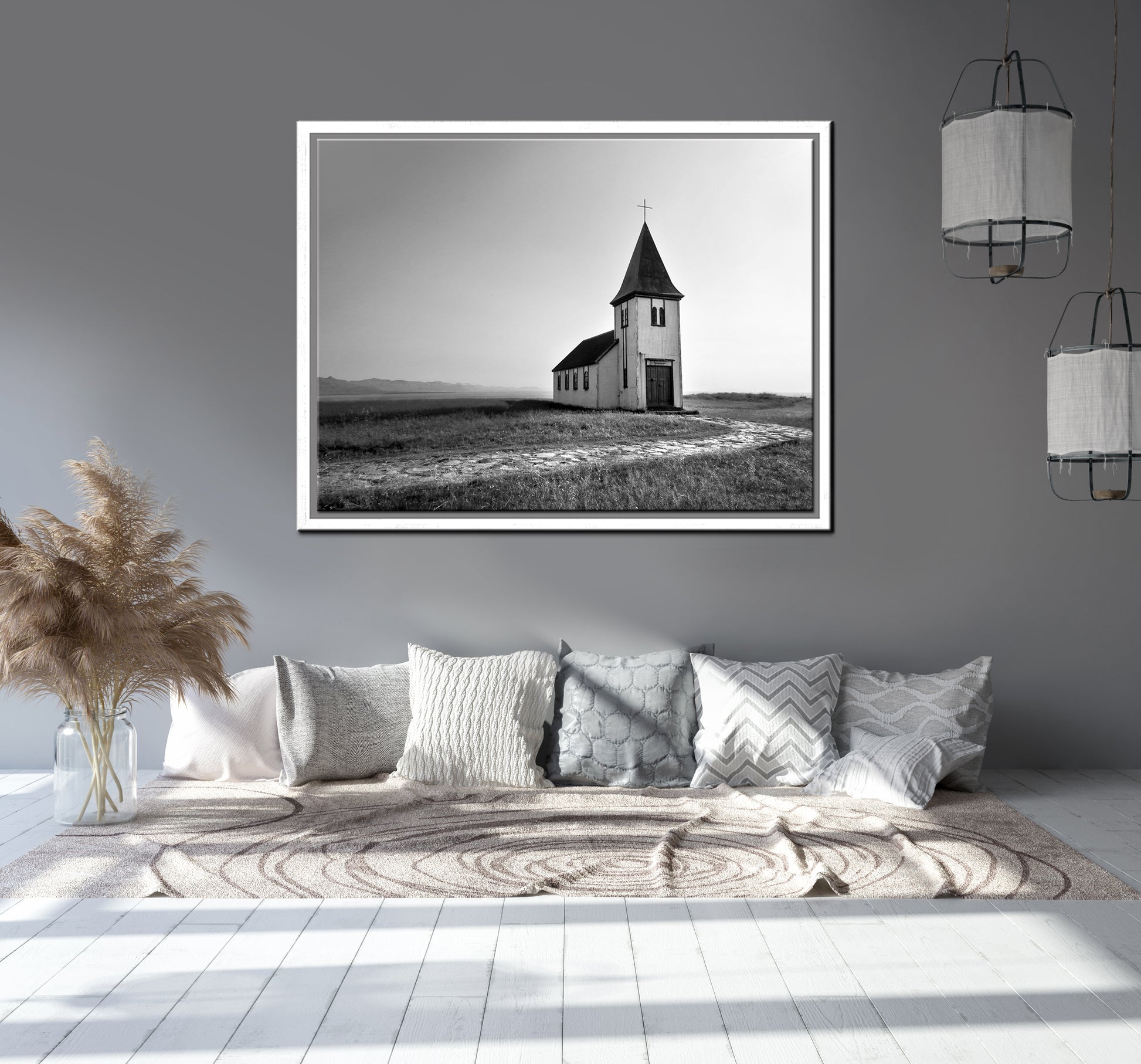 A beautiful church set out in a quiet setting in Iceland. Black and white photo. Framed canvas wall art by Kristen Oliavres
