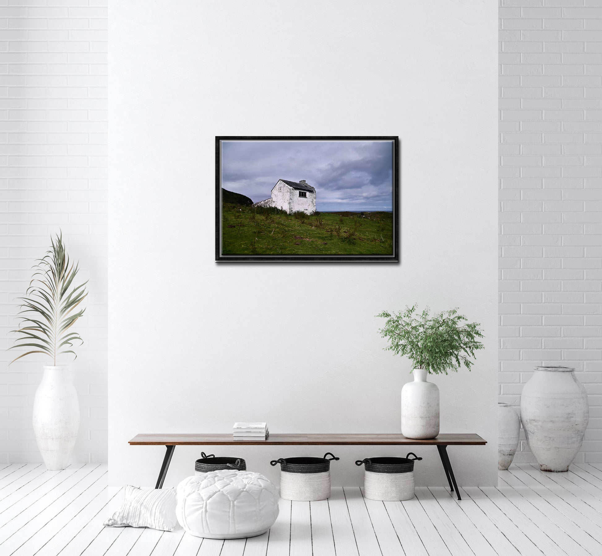 Beautiful White old stone home abandoned on the coast of Ireland. Framed Canvas Wall Art by Kristen Olivares