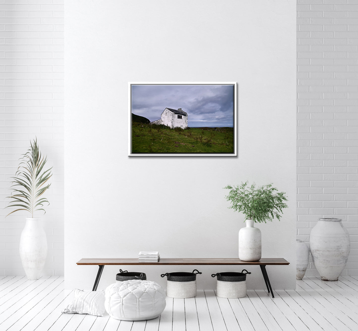 Beautiful White old stone home abandoned on the coast of Ireland. Framed Canvas Wall Art by Kristen Olivares