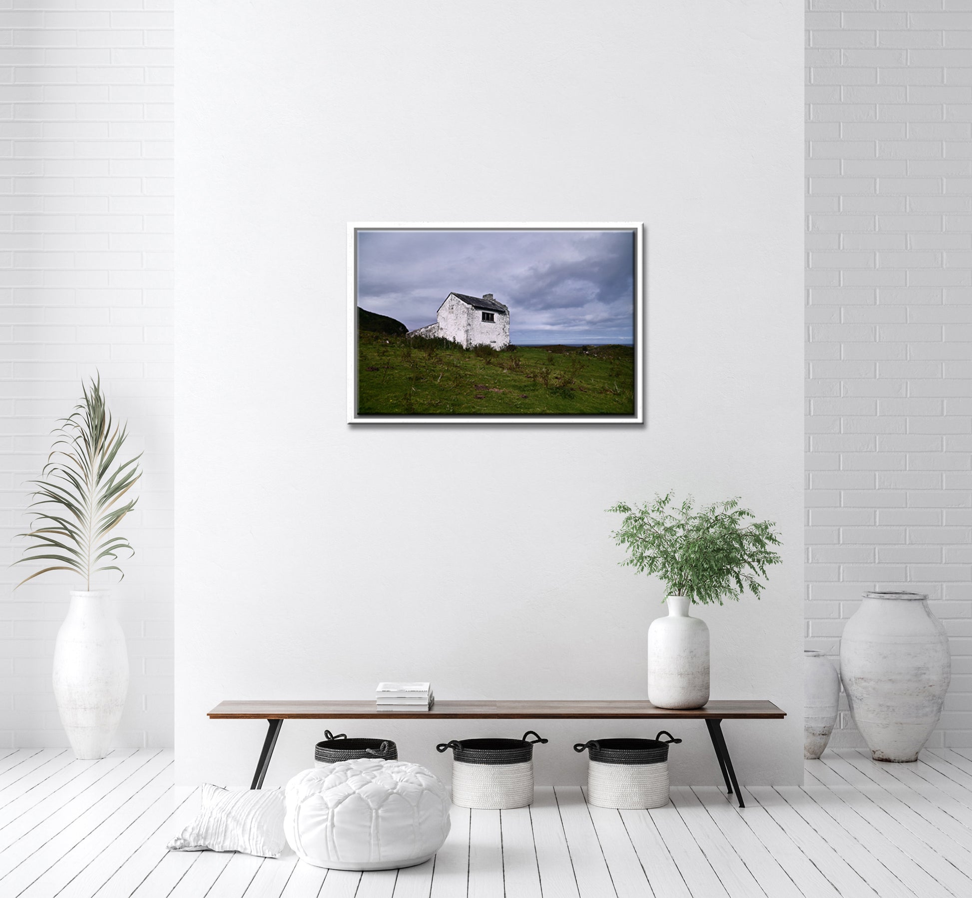 Beautiful White old stone home abandoned on the coast of Ireland. Framed Canvas Wall Art by Kristen Olivares
