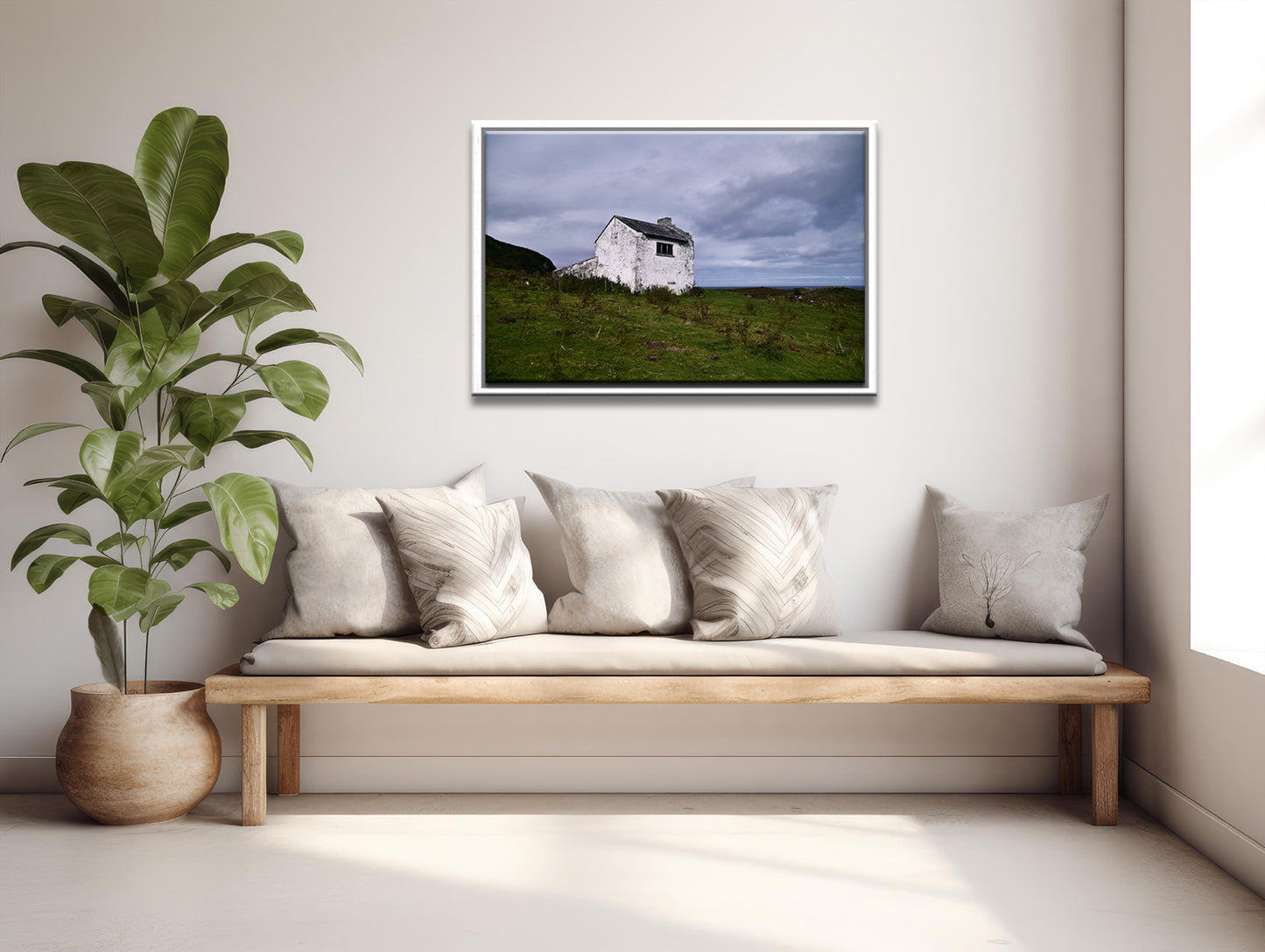 Beautiful White old stone home abandoned on the coast of Ireland. Framed Canvas Wall Art by Kristen Olivares