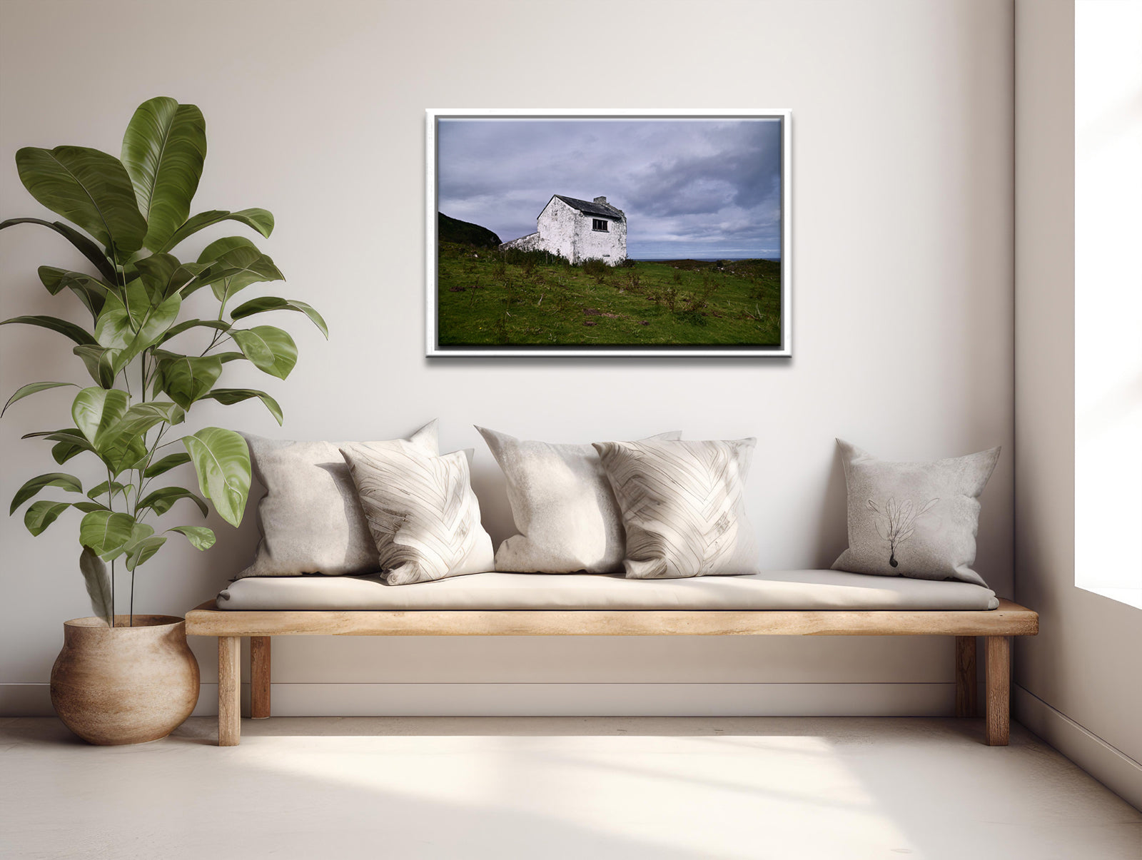 Beautiful White old stone home abandoned on the coast of Ireland. Framed Canvas Wall Art by Kristen Olivares