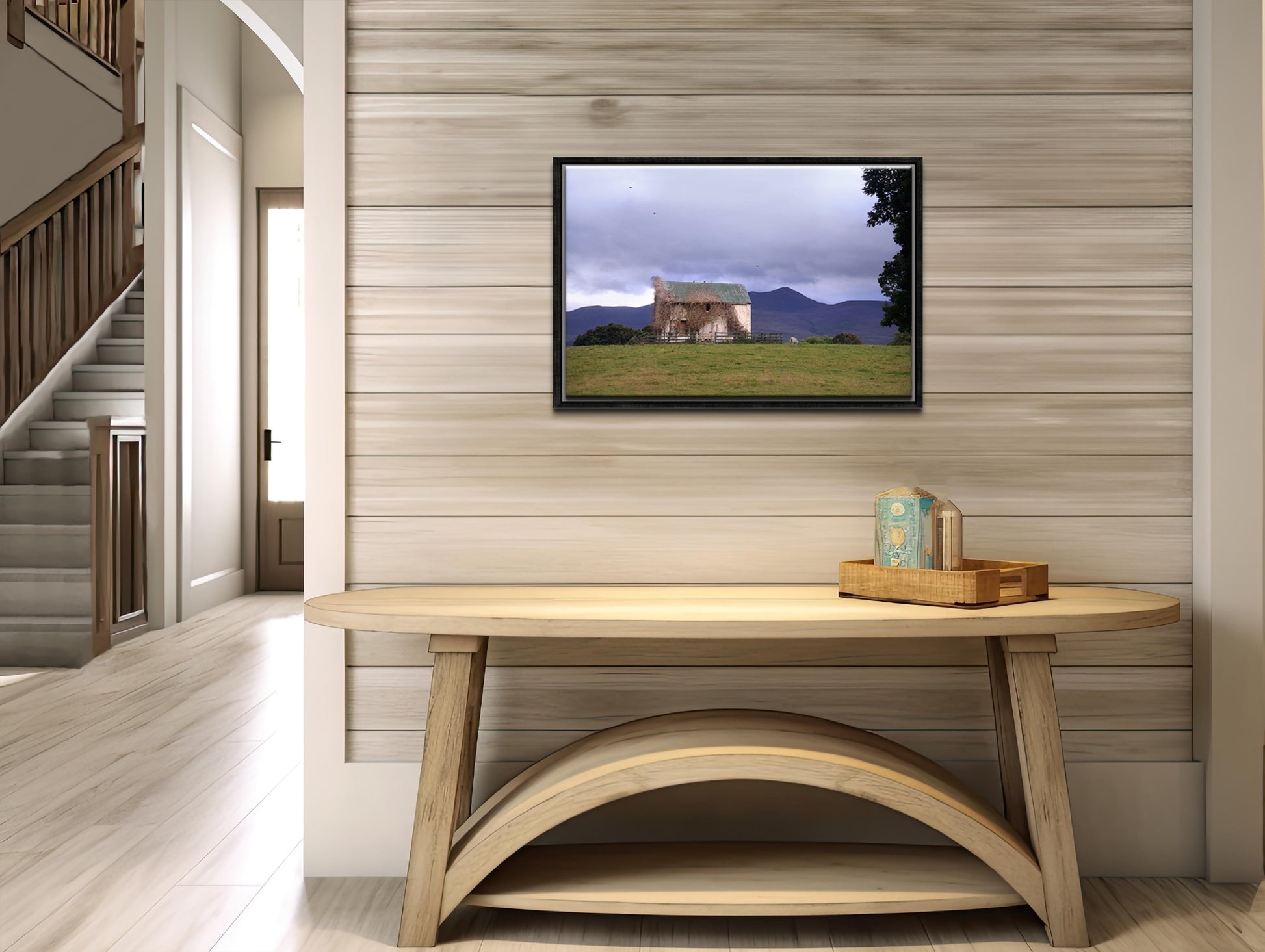An old, abandoned home in Ireland, covered in vines, set near the mountains. Framed Canvas Wall Art by Kristen Olivares