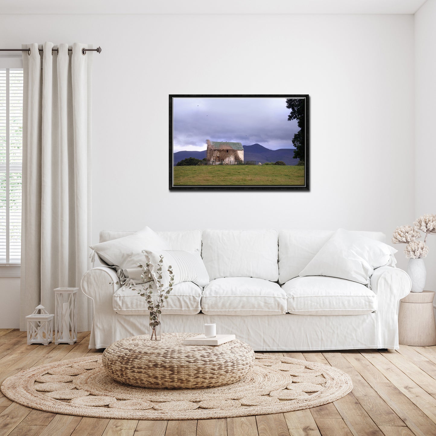 An old, abandoned home in Ireland, covered in vines, set near the mountains. Framed Canvas Wall Art by Kristen Olivares