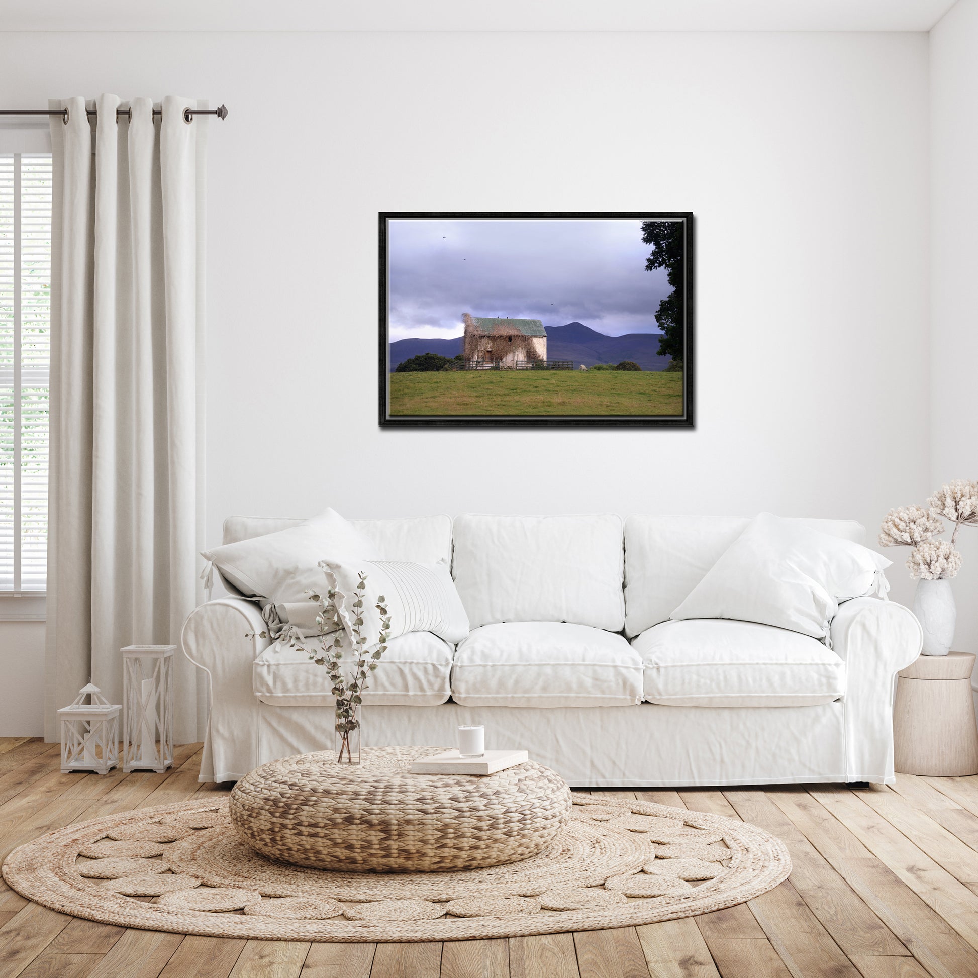 An old, abandoned home in Ireland, covered in vines, set near the mountains. Framed Canvas Wall Art by Kristen Olivares