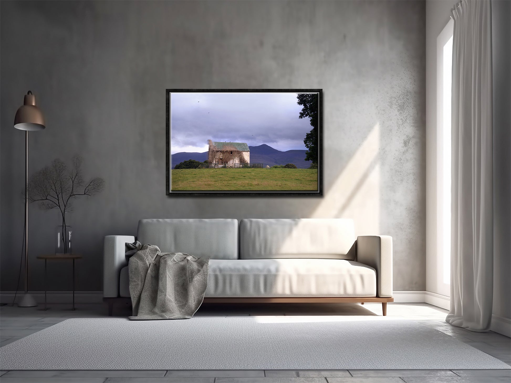 An old, abandoned home in Ireland, covered in vines, set near the mountains. Framed Canvas Wall Art by Kristen Olivares