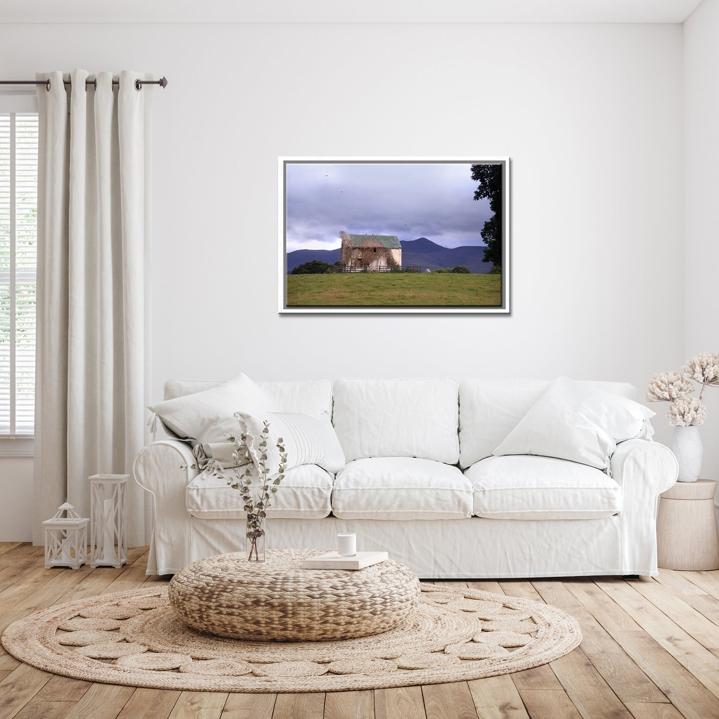An old, abandoned home in Ireland, covered in vines, set near the mountains. Framed Canvas Wall Art by Kristen Olivares