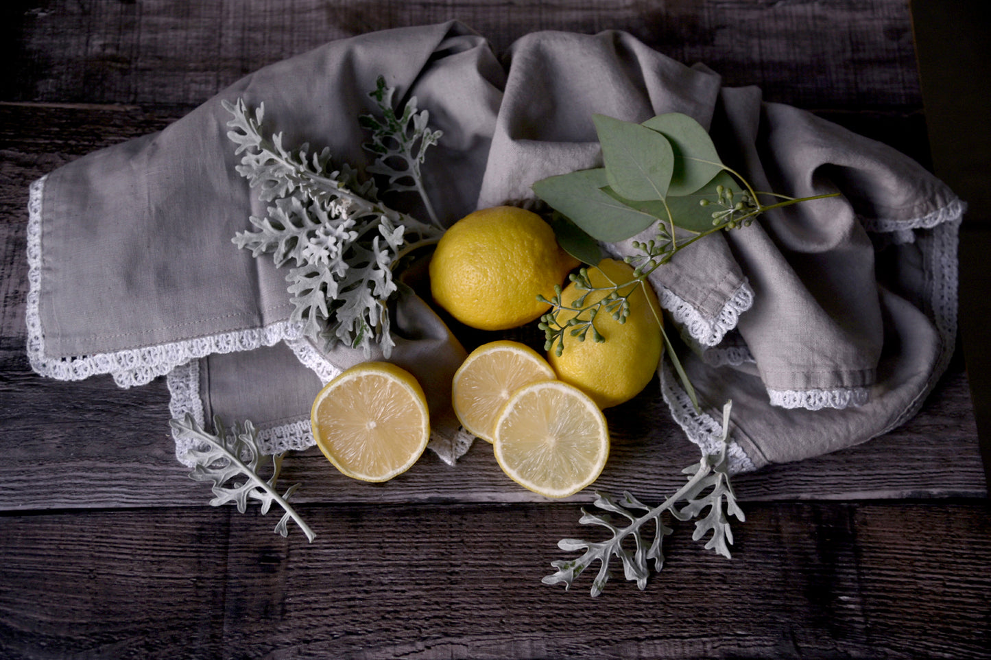 Beautiful Lemon display on a grey napkin. Fine Art Photography. Kristen Olivares.