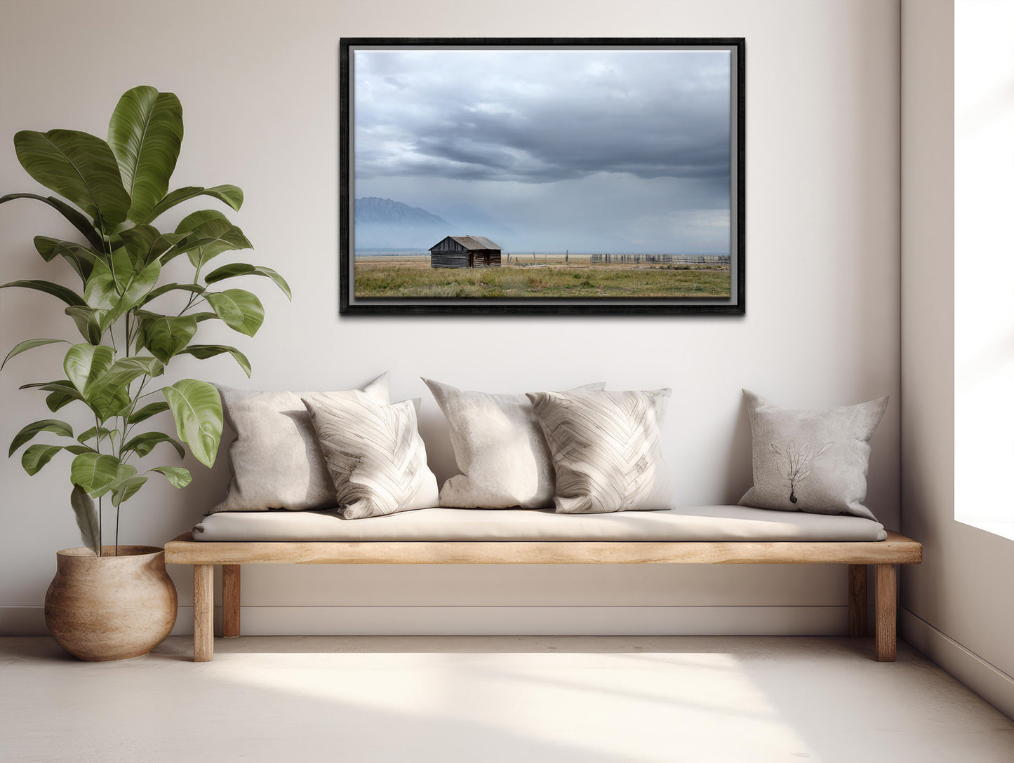Little log cabin tucked away among the stunning Grand Teton mountains. Canvas Wall Art Framed Fine Art photography by Kristen Olivares.