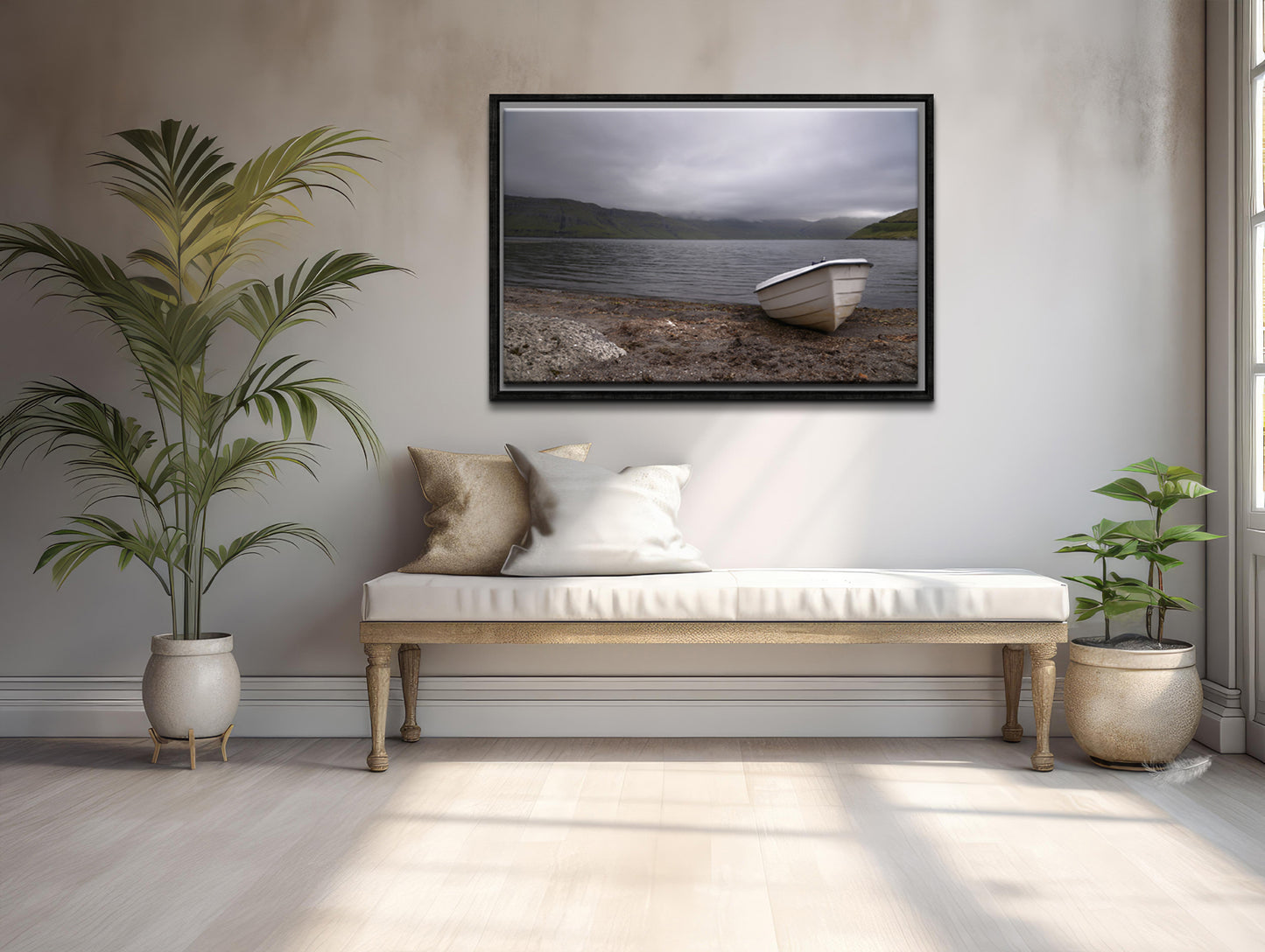 Beautiful lone white row boat out on the cool coast of the Faroe Islands. Framed fine art photography by Kristen Olivares.