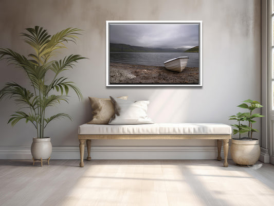 Beautiful lone white row boat out on the cool coast of the Faroe Islands. Framed fine art photography by Kristen Olivares.