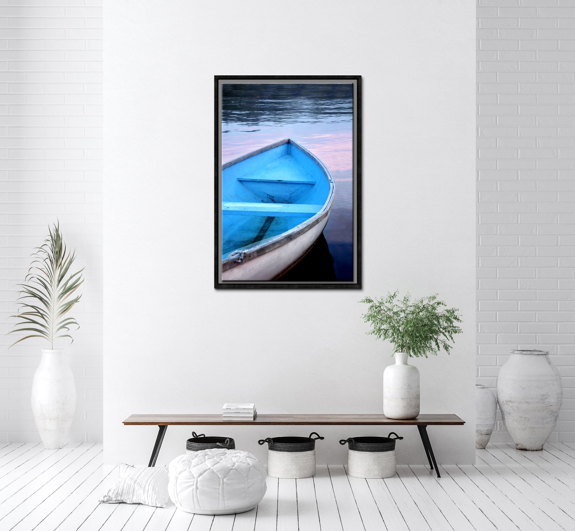 Beautiful old wooden blue boat in Canada at sunset. Canvas wall art. Framed fine art photography by Kristen Olivares.