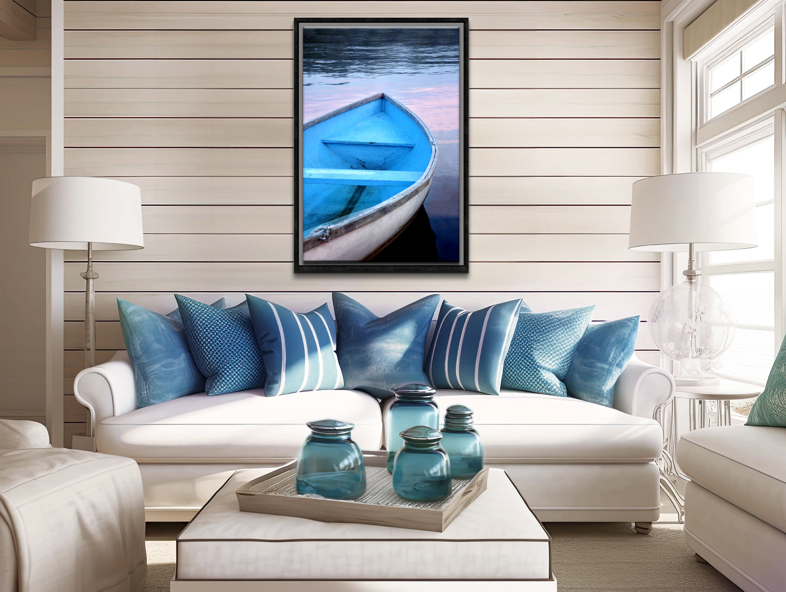 Beautiful old wooden blue boat in Canada at sunset. Canvas wall art. Framed fine art photography by Kristen Olivares.