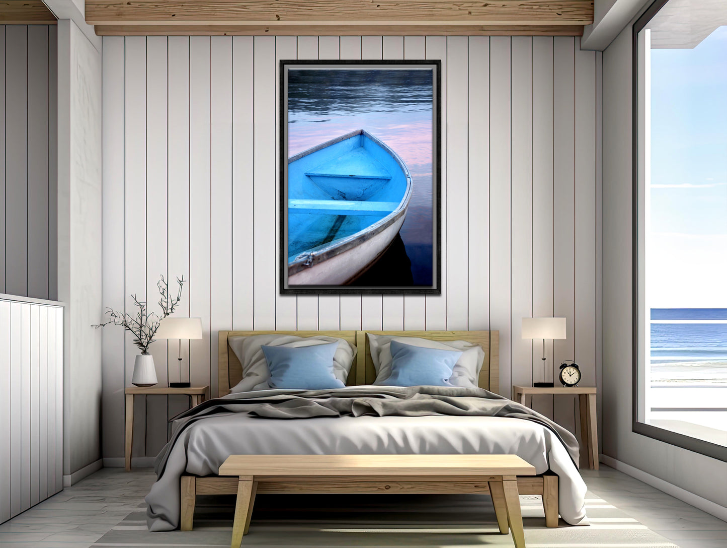 Beautiful old wooden blue boat in Canada at sunset. Canvas wall art. Framed fine art photography by Kristen Olivares.