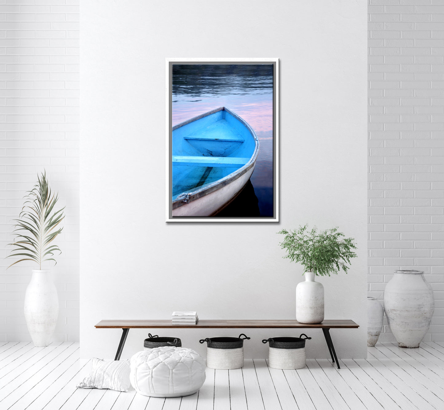 Beautiful old wooden blue boat in Canada at sunset. Canvas wall art. Framed fine art photography by Kristen Olivares.