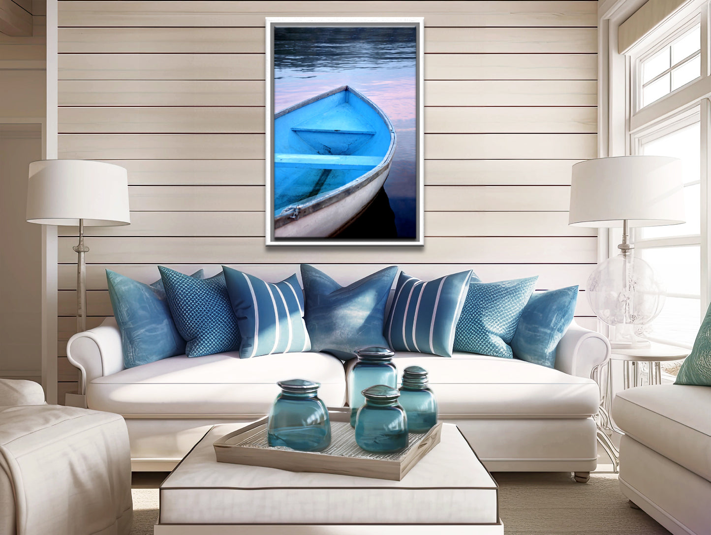 Beautiful old wooden blue boat in Canada at sunset. Canvas wall art. Framed fine art photography by Kristen Olivares.