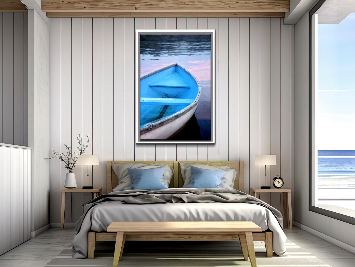 Beautiful old wooden blue boat in Canada at sunset. Canvas wall art. Framed fine art photography by Kristen Olivares.
