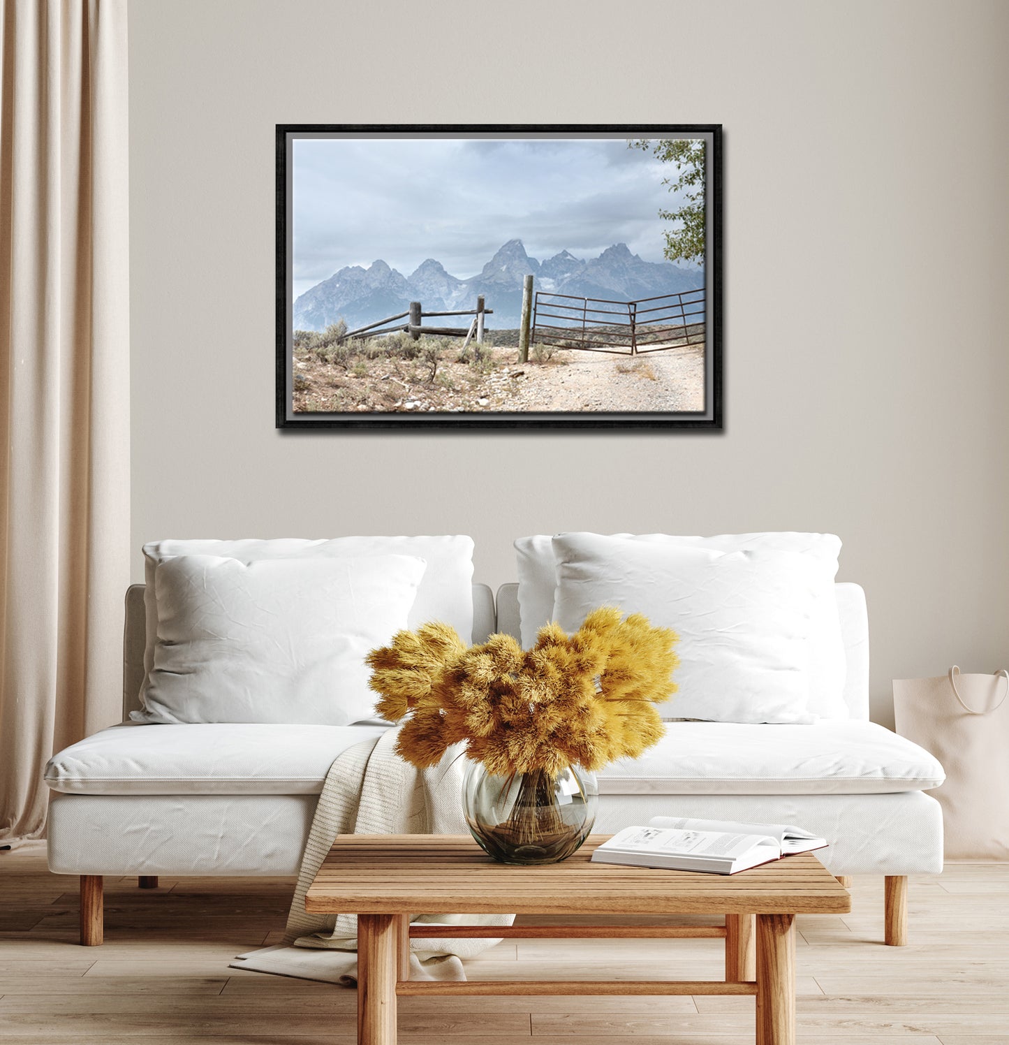 The beautiful, powerful Grand Tetons we off in the distance, beyond an old settled wooden fence. Canvas Wall Art. Fine Art Photography by Kristen Olivares