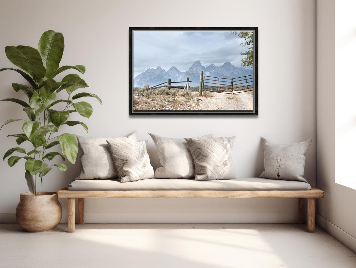 The beautiful, powerful Grand Tetons we off in the distance, beyond an old settled wooden fence. Canvas Wall Art. Fine Art Photography by Kristen Olivares