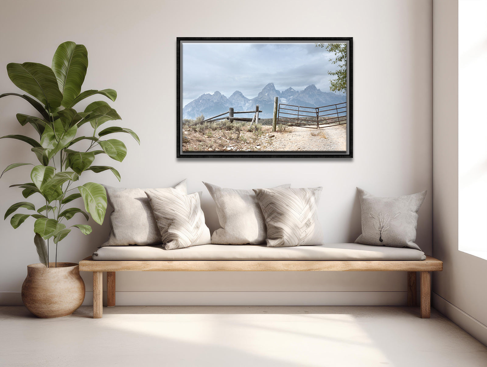 The beautiful, powerful Grand Tetons we off in the distance, beyond an old settled wooden fence. Canvas Wall Art. Fine Art Photography by Kristen Olivares