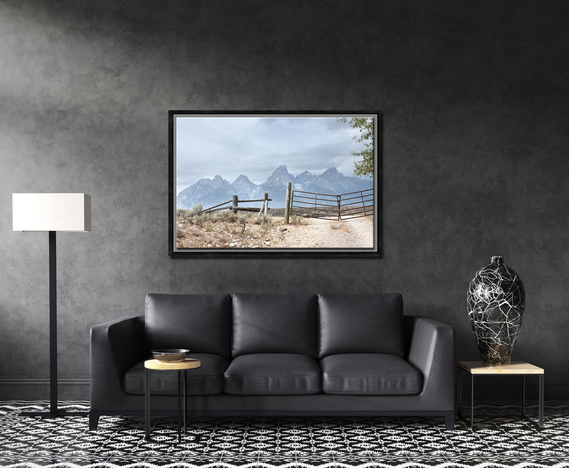 The beautiful, powerful Grand Tetons we off in the distance, beyond an old settled wooden fence. Canvas Wall Art. Fine Art Photography by Kristen Olivares