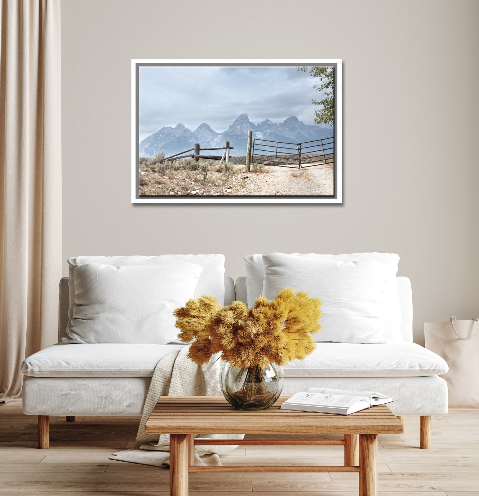 The beautiful, powerful Grand Tetons we off in the distance, beyond an old settled wooden fence. Canvas Wall Art. Fine Art Photography by Kristen Olivares