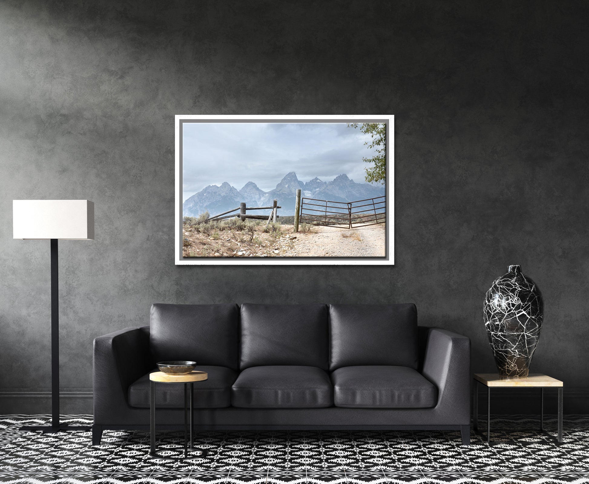 The beautiful, powerful Grand Tetons we off in the distance, beyond an old settled wooden fence. Canvas Wall Art. Fine Art Photography by Kristen Olivares