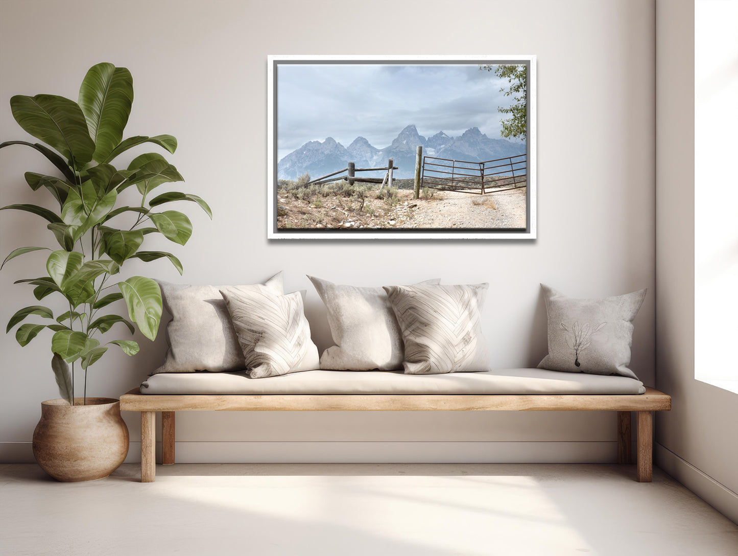 The beautiful, powerful Grand Tetons we off in the distance, beyond an old settled wooden fence. Canvas Wall Art. Fine Art Photography by Kristen Olivares
