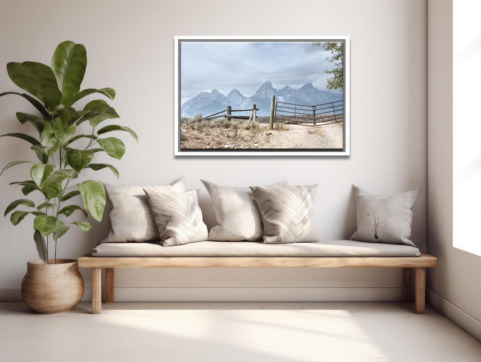 The beautiful, powerful Grand Tetons we off in the distance, beyond an old settled wooden fence. Canvas Wall Art. Fine Art Photography by Kristen Olivares