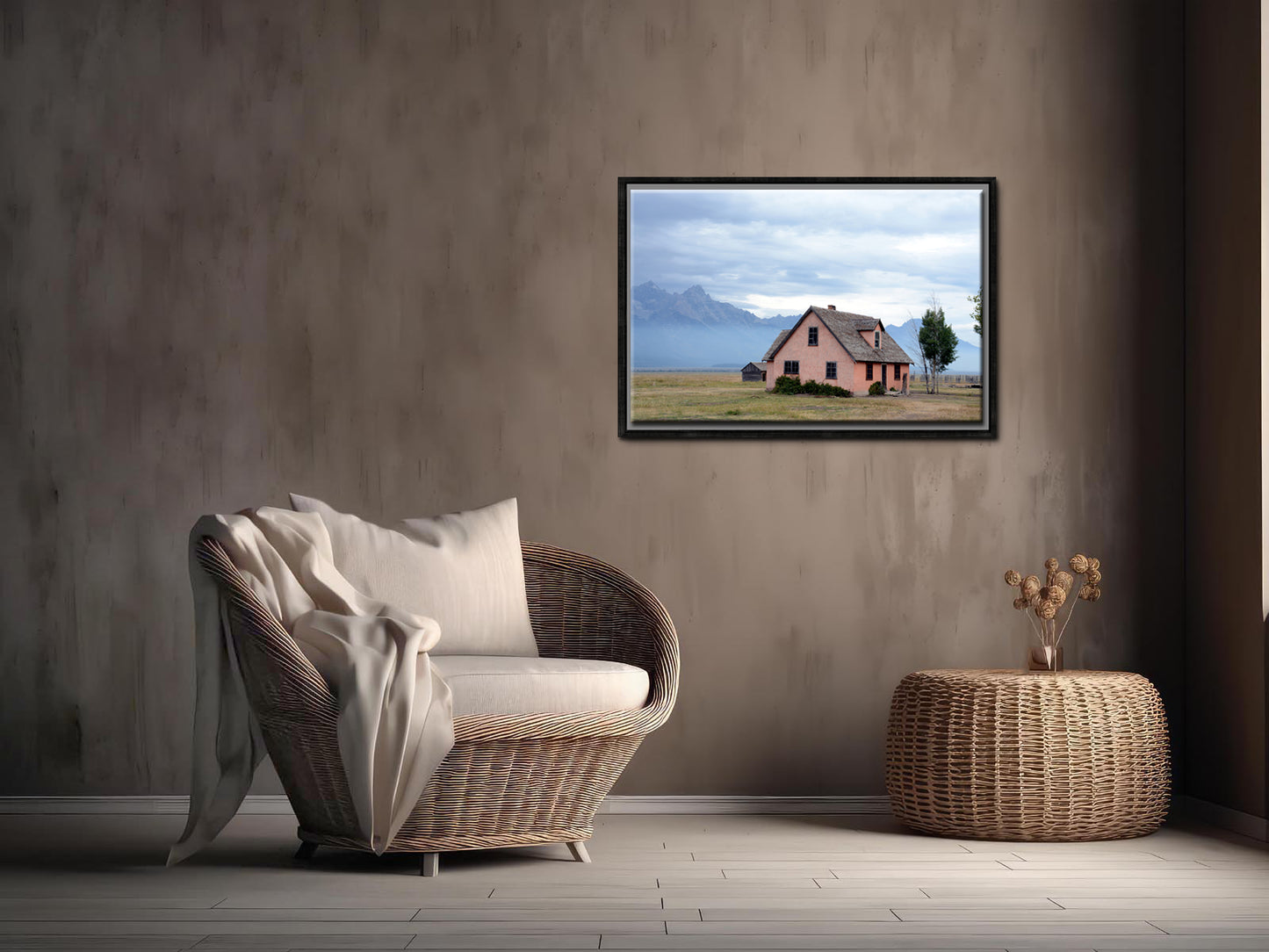Beautiful old pinkish house in the Grand Tetons upon the John Moulton Barns. Framed Wall Art Fine Art Photography by Kristen Olivares