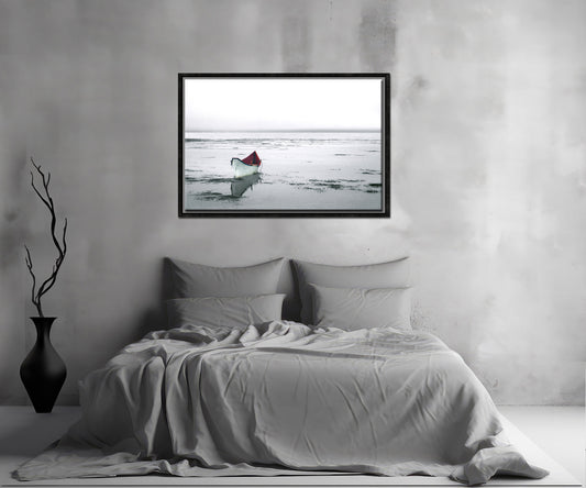 Old lone boat floating in quiet waters in Maine. Framed fine art photography by Kristen Olivares.