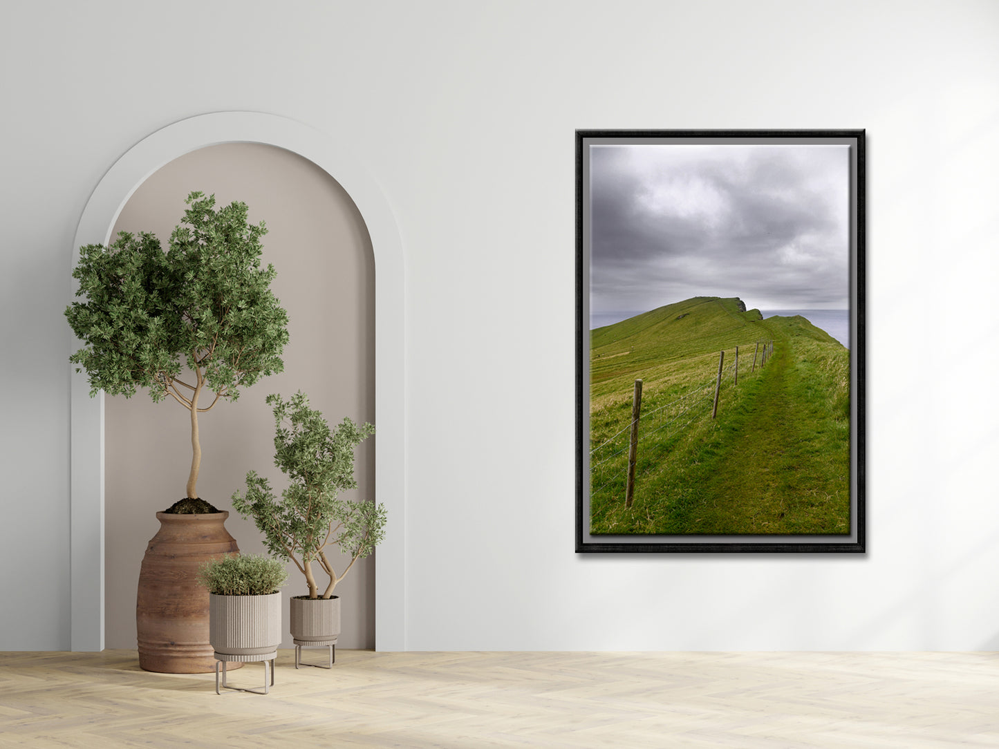 Beautiful image of a path on a cliff in the Faroe Islands. Framed fine art photography by Kristen Olivares.