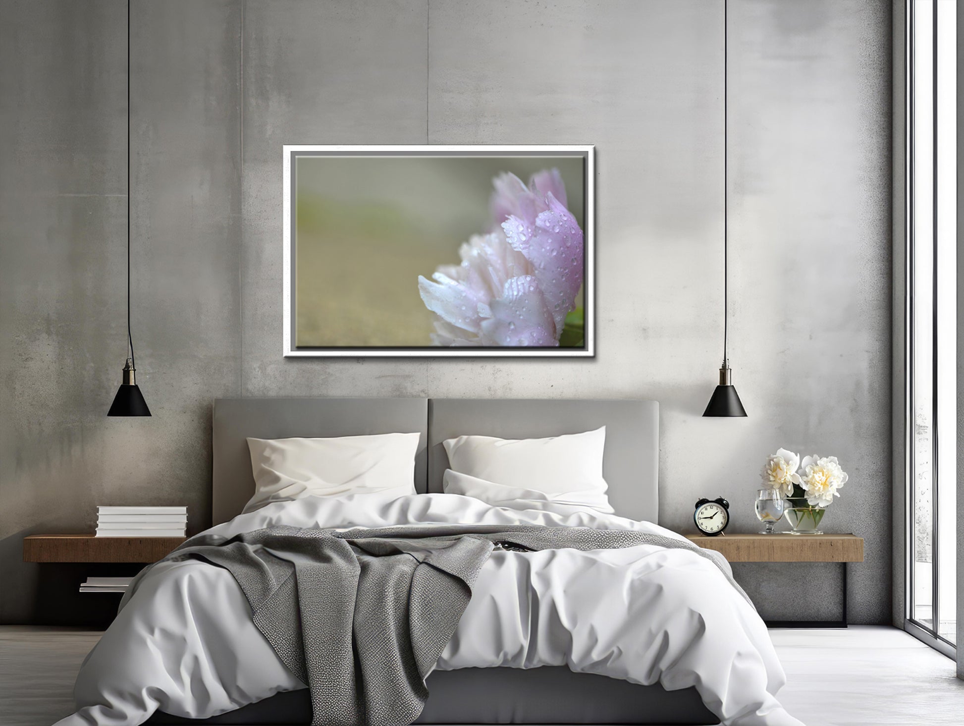 A Light pink Peony Covered in rain drops. Framed fine art photography by Kristen Olivares. 