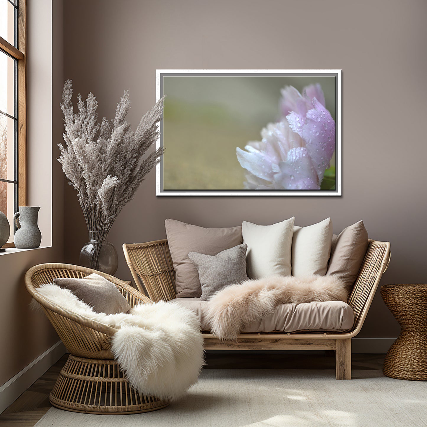 A Light pink Peony Covered in rain drops. Framed fine art photography by Kristen Olivares. 