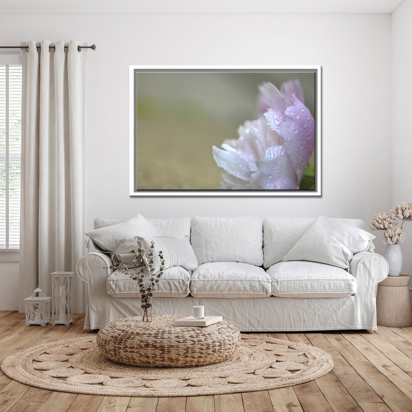 A Light pink Peony Covered in rain drops. Framed fine art photography by Kristen Olivares. 