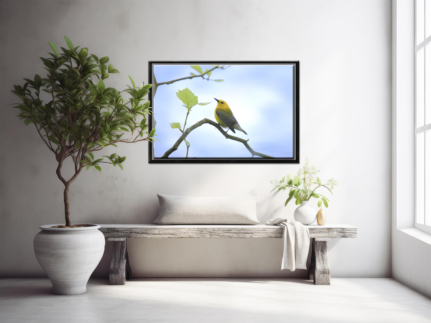 Beautiful bright yellow Prothonotary Warbler Canvas Framed wall art by Kristen Olivares