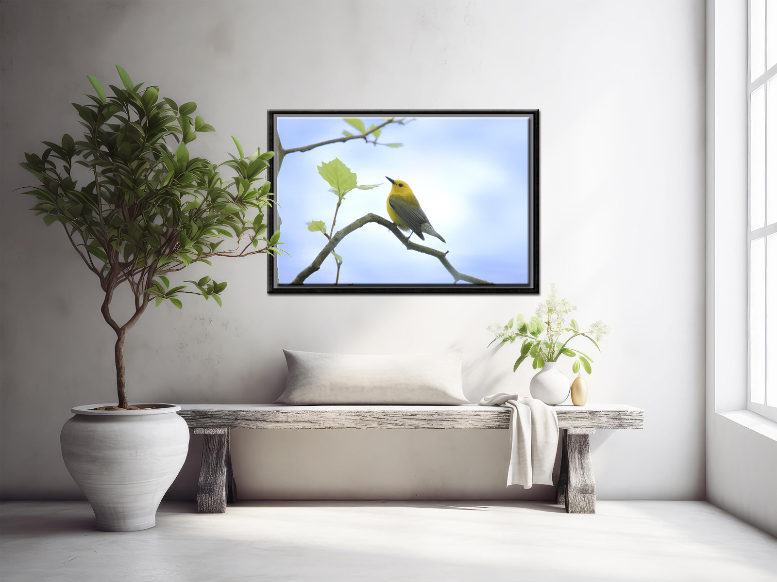 Beautiful bright yellow Prothonotary Warbler Canvas Framed wall art by Kristen Olivares