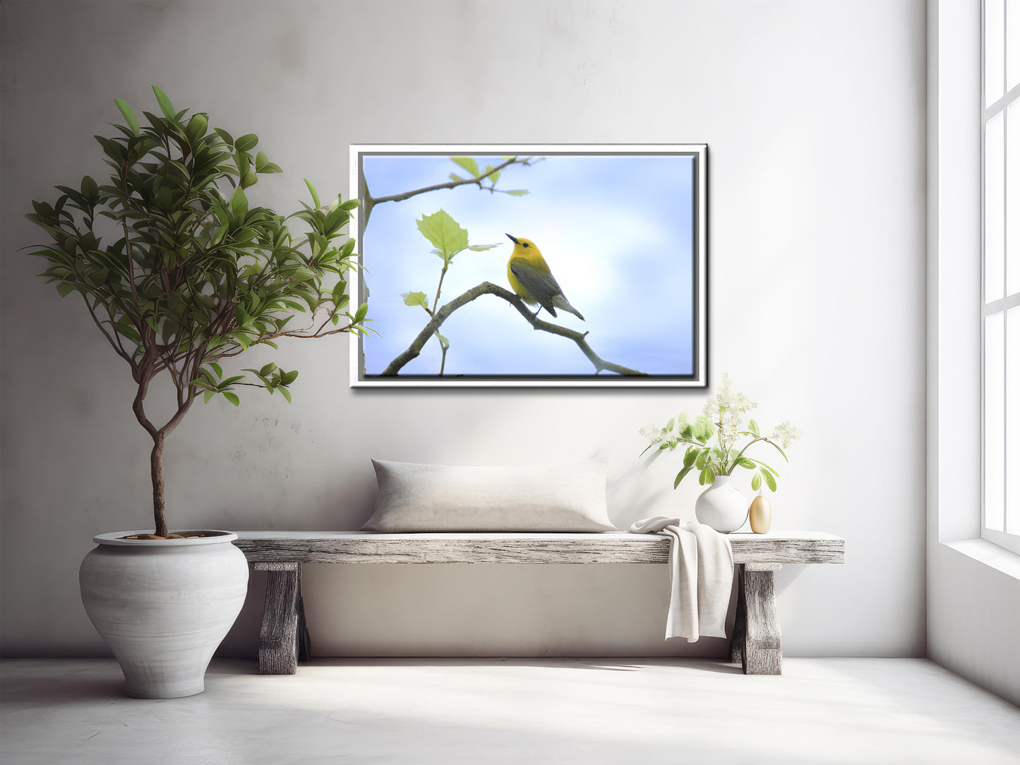 Beautiful bright yellow Prothonotary Warbler Canvas Framed wall art by Kristen Olivares
